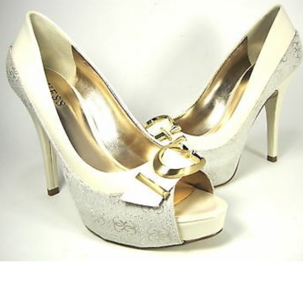 EUC, GUESS WOMENS ALESSA 2 OPEN-TOE PUMP BEIGE, Size 7M